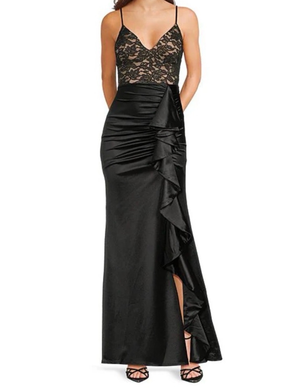New Emerald Sundae Lace Bodice Side Slit Ruffle Satin Mermaid Gown - Picture 8 of 13